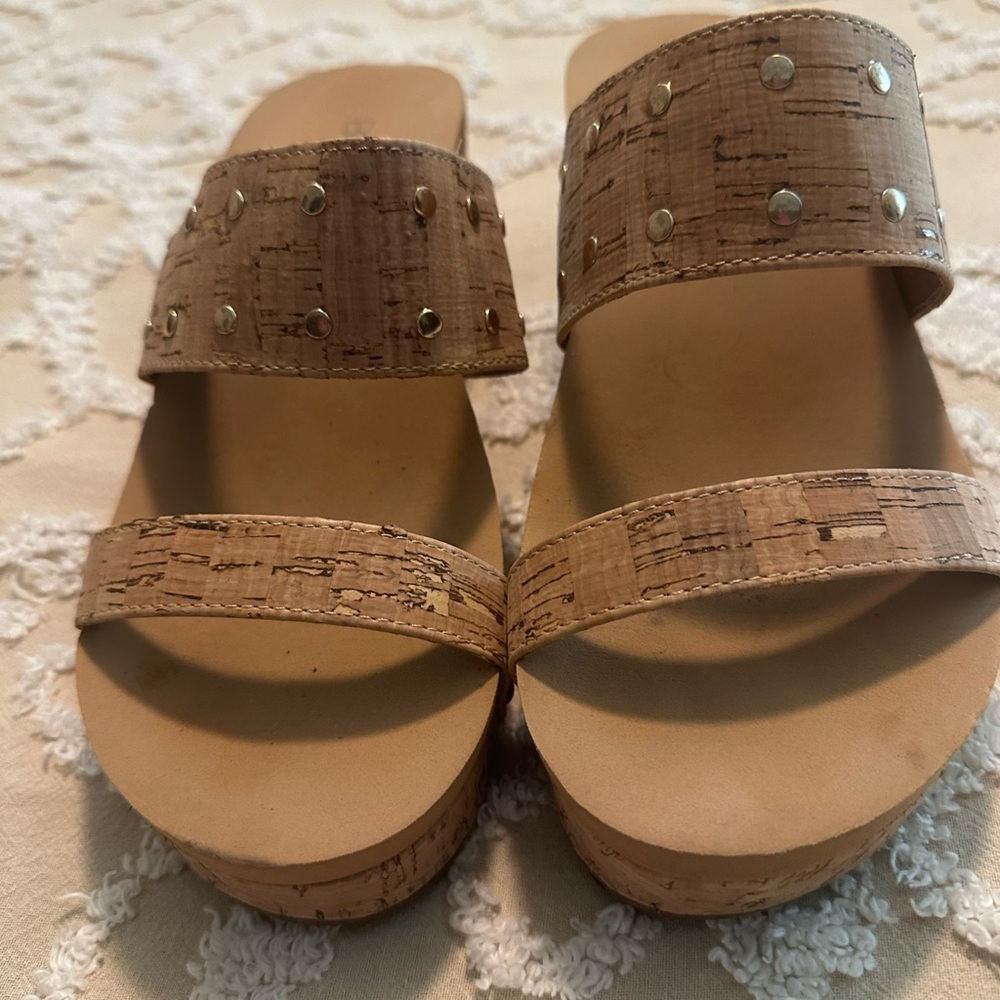 Corkys Cork Double‑Strap Studded Platform Mules in Beige